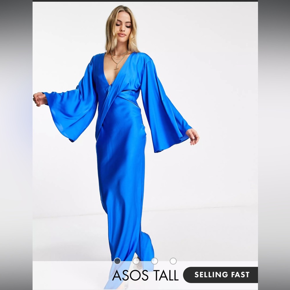 Tall satin batwing maxi dress with drape bodice detail in cobalt blue